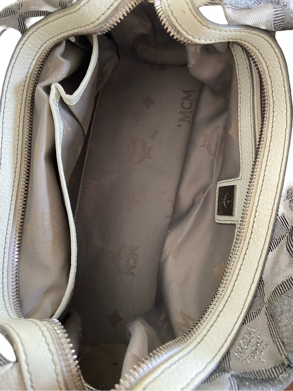 Authentic MCM Brown and Cream Monogram Satchel with Yellow Zip Pulls - Picture 10 of 15